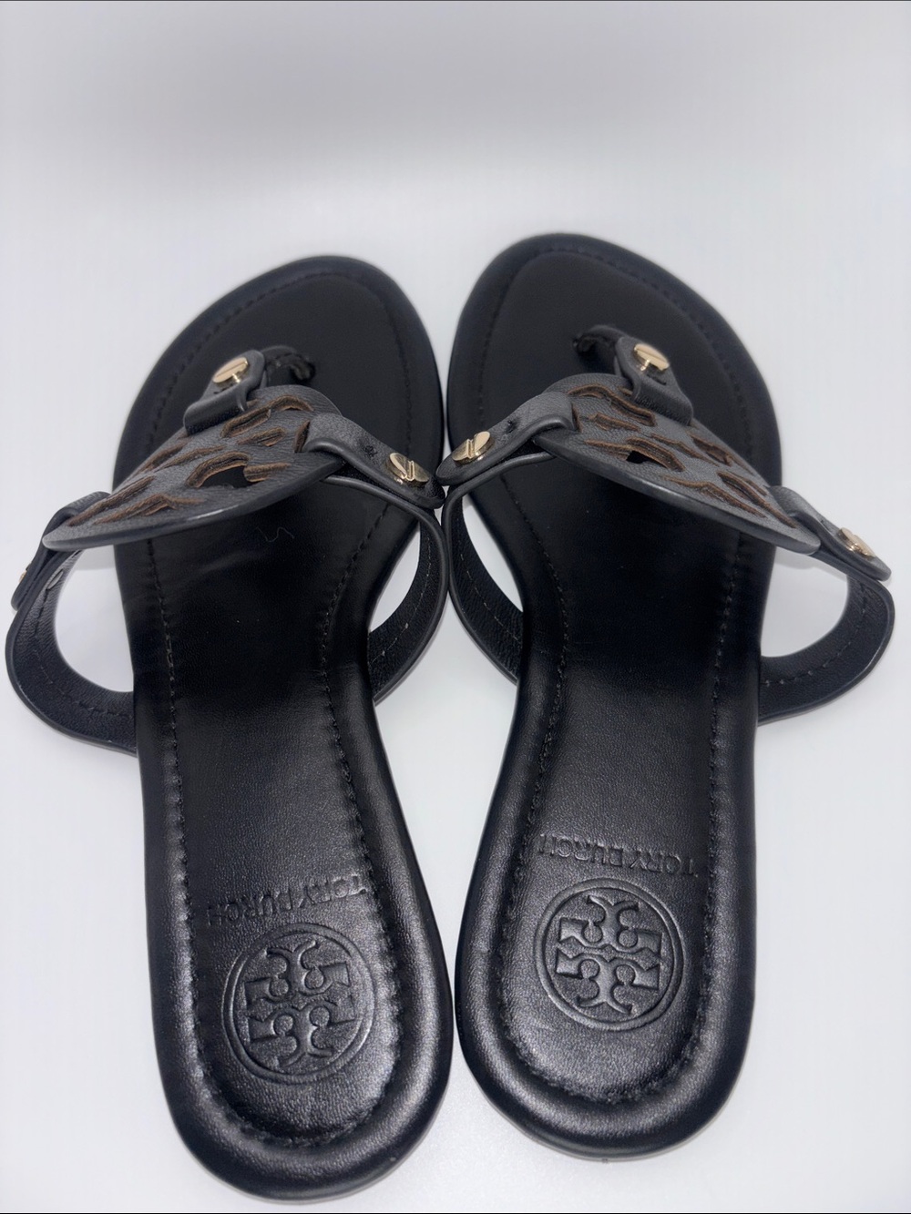Tory Burch Miller Black Leather Logo Thong Sandals with Gold Accents - Picture 5 of 10